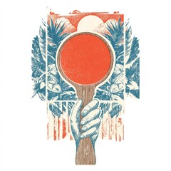 Hand holds mirror reflecting sun through tropical leaves