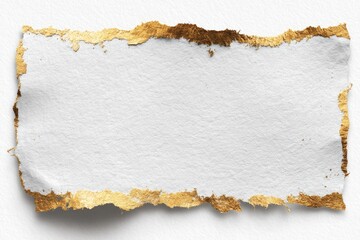 Textured white paper strip with frayed golden-brown edges on white background