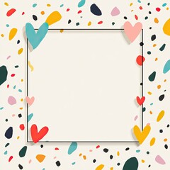 Colorful confetti hearts and abstract shapes frame a blank, creamy square