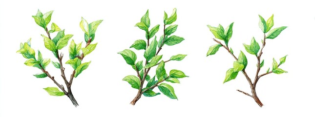 Delicate watercolor illustrations of three budding branches with vibrant green leaves