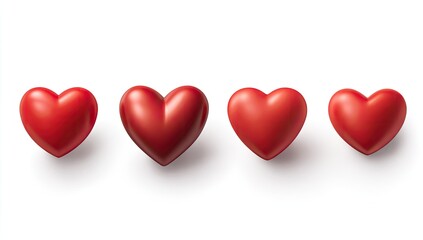Four glossy red hearts with subtle shadows on white