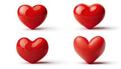 Four glossy red hearts on white, each with subtle variations