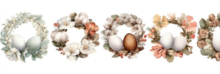 A row of five floral wreaths adorned with eggs in various pastel and earthy tones