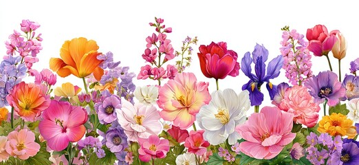 A vibrant border of blooming flowers in shades of pink, purple, orange, and red