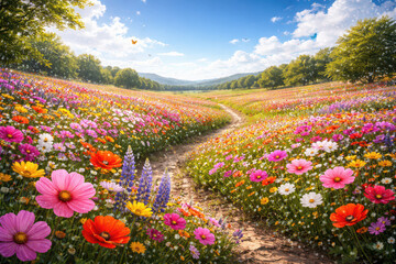 Obraz premium A vibrant field of flowers with a winding path under a bright sky.