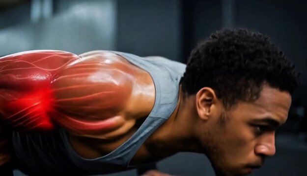 Fit man performs challenging push-ups in a gym, highlighting active arm muscles