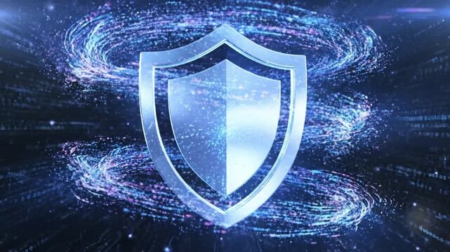 A silver security shield sits against a background with binary code and swirling blue and pink light