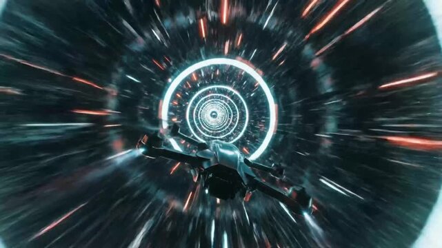 Spaceship gliding through a glowing wormhole with circular light rings