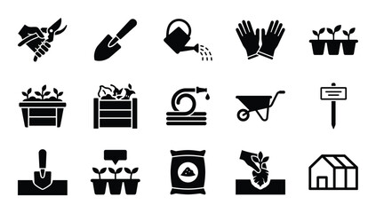 Black isolated gardening equipment and tools icon set on transparent background in vector design © GoDesigner
