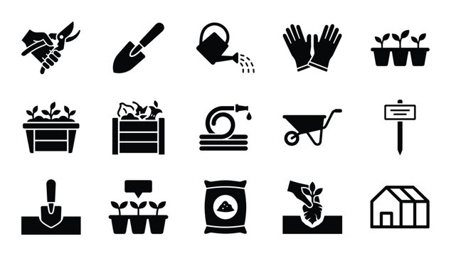 Black isolated gardening equipment and tools icon set on transparent background in vector design