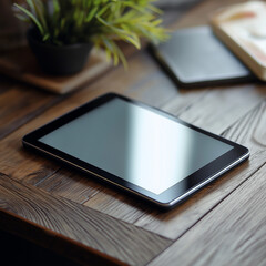 tablet computer on wood table