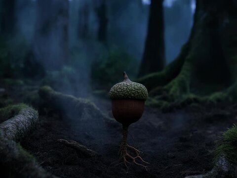 Oak Acorn Roots. Seed Germination & New Life Emerging from Soil. Legacy & Mindset. A split acorn on the ground with a thick, powerful taproot diving into the soil, set in a deep forest during twilight