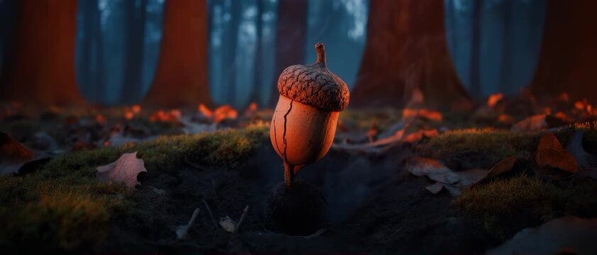 Oak Acorn Roots. Seed Germination & New Life Emerging from Soil. Legacy & Mindset. A split acorn on the ground with a thick, powerful taproot diving into the soil, set in a deep forest during twilight
