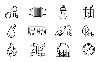Fototapeta premium Hydrogen energy vector icon set line style alternative green power fuel cell h2 and more