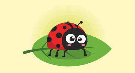 Adorable cartoon ladybug on green leaf with yellow glow © Azrha