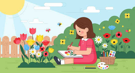 Obraz premium Little girl drawing flowers in a sunny garden with colorful blooms