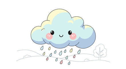 Obraz premium Cute smiling cloud with colorful raindrops in a cheerful landscape