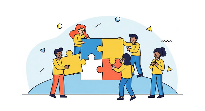 Diverse team of people collaborating to assemble a large jigsaw puzzle a flat vector illustration representing teamwork problem-solving and business solutions
