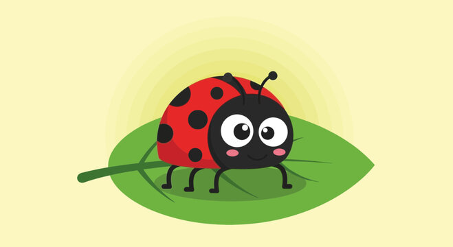 Adorable cartoon ladybug on green leaf with yellow glow