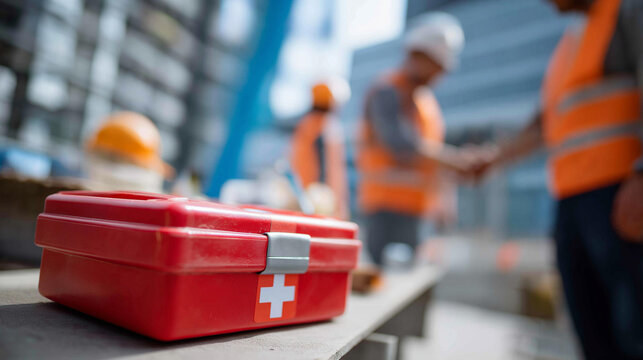 First aid kit prominently displayed on a construction site with faceless workers in the defocused background, workplace safety and health concept, job site preparedness,