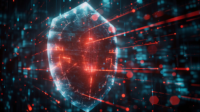 Medieval shield made of frosted glass and glowing red laser beams in a digital void