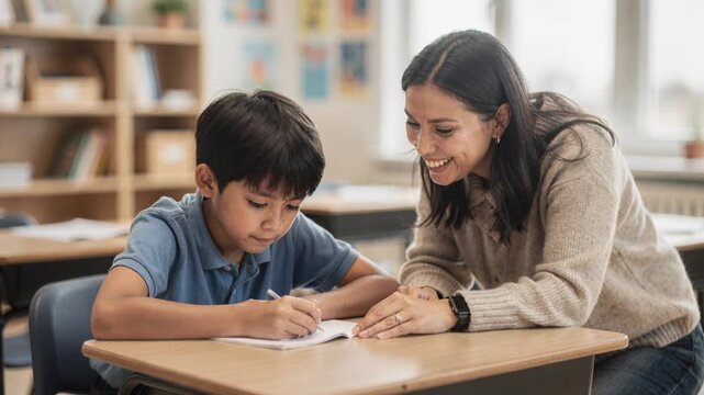 Teacher student classroom learning education writing smiling support, focused student, supportive educational interaction