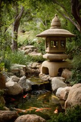 Zen Buddhism, meditation, inner peace, Chinese Japanese Asian tradition. Therapy stress release treatment, health lifestyle. A tranquil Japanese garden with a serene pond, a stone lantern.