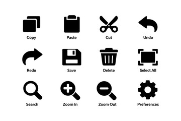 Essential computer icons: copy, paste, cut, undo, redo, save, delete, select