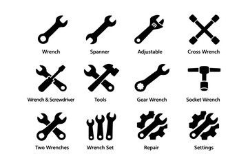 Collection of various tool silhouettes with wrenches and spanners