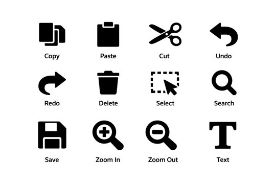 Essential computer icons for editing and navigation tasks
