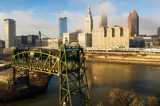 Rust Belt shot of Downtown Cleveland skyline