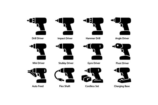 Collection of various electric drill driver icons with labels
