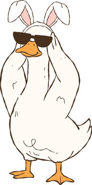 hand drawn silly Goose illustration, cute goose in rabbit headband