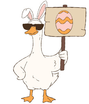 Easter themed funny goose clipart, playful Goose character holding sign.