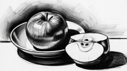 Fototapeta premium Monochrome apple still life detailed drawing of fruit and dish