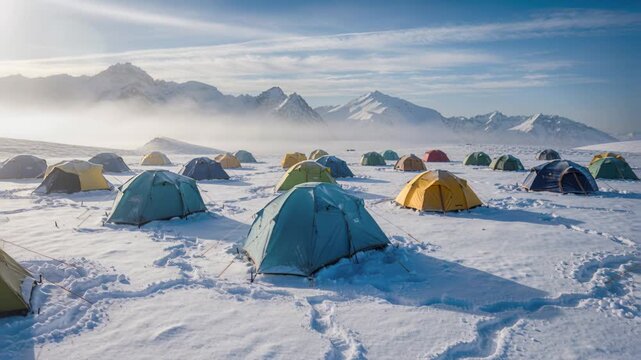 Winter camping tent snowy mountain landscape, outdoor adventure with colorful tents, clear blue sky, peaceful remote scenic
