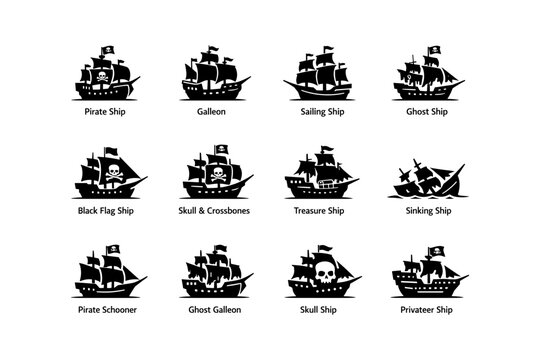 Pirate and sailing ship silhouettes: galleon, ghost, skull, treasure, sinking, privateer