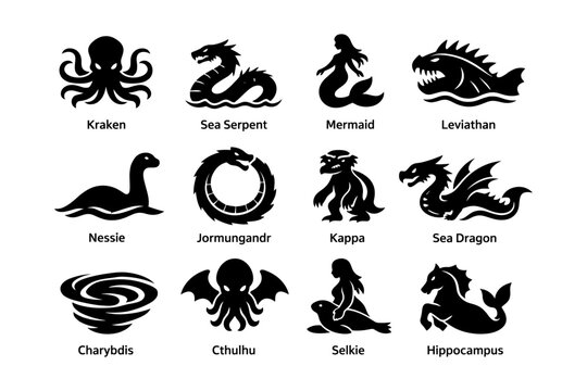 Silhouettes of mythical creatures: kraken, sea serpent, mermaid, leviathan, and more