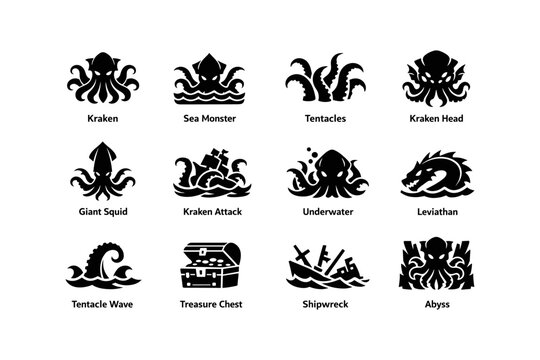 Collection of sea monster silhouettes featuring kraken and leviathan icons