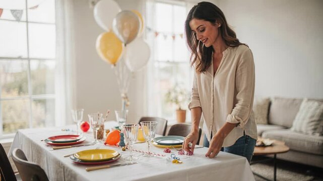 Woman decorating table with balloon, plate, and glass for festive party at home, cheerful celebration in living room with daylight