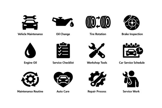 Car maintenance icons: oil change, tire rotation, brake check, service tools, schedule