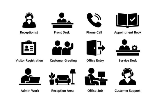 Office icons: receptionist, front desk, phone call, appointment book, visitor registration