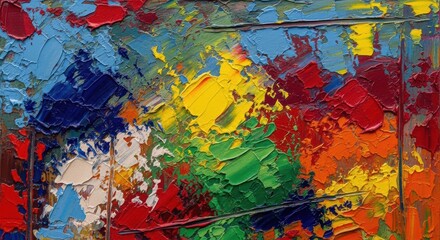 Fototapeta premium Vibrant abstract oil painting with thick textured brushstrokes and palette knife strokes showcasing colorful artistic expression and creative freedom.