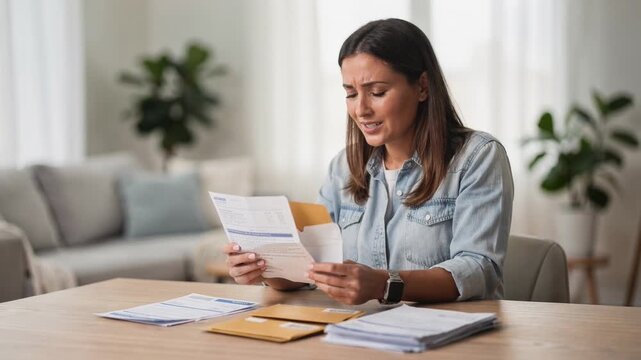 Worried woman reading bill paperwork at home, financial stress with document envelope on table, sitting in casual outfit