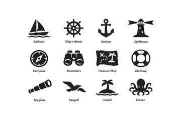 Nautical icons collection featuring sailboat anchor lighthouse and more