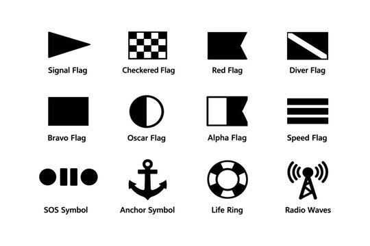 Signal flags and symbols collection featuring nautical and communication icons
