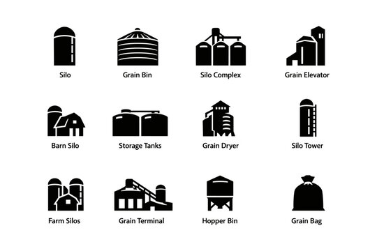 Agricultural storage icons: silo, grain bin, elevator, farm structures