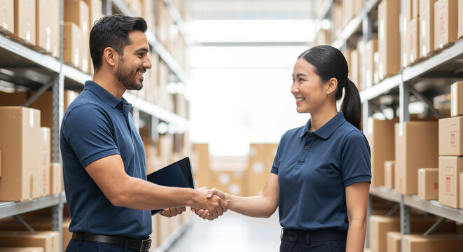Warehouse partners shaking hands, symbolizing successful logistics agreement and business collaboration.