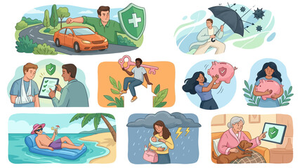 Fototapeta premium Comprehensive Insurance and Financial Protection Concepts: Car, Health, Home, Savings, Travel, Family, Retirement Security Illustrations