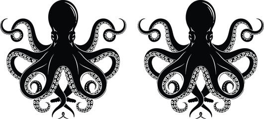 Two octopus silhouettes symmetrical design isolated on white background, detailed marine animal vector illustration artwork © MstMorshida